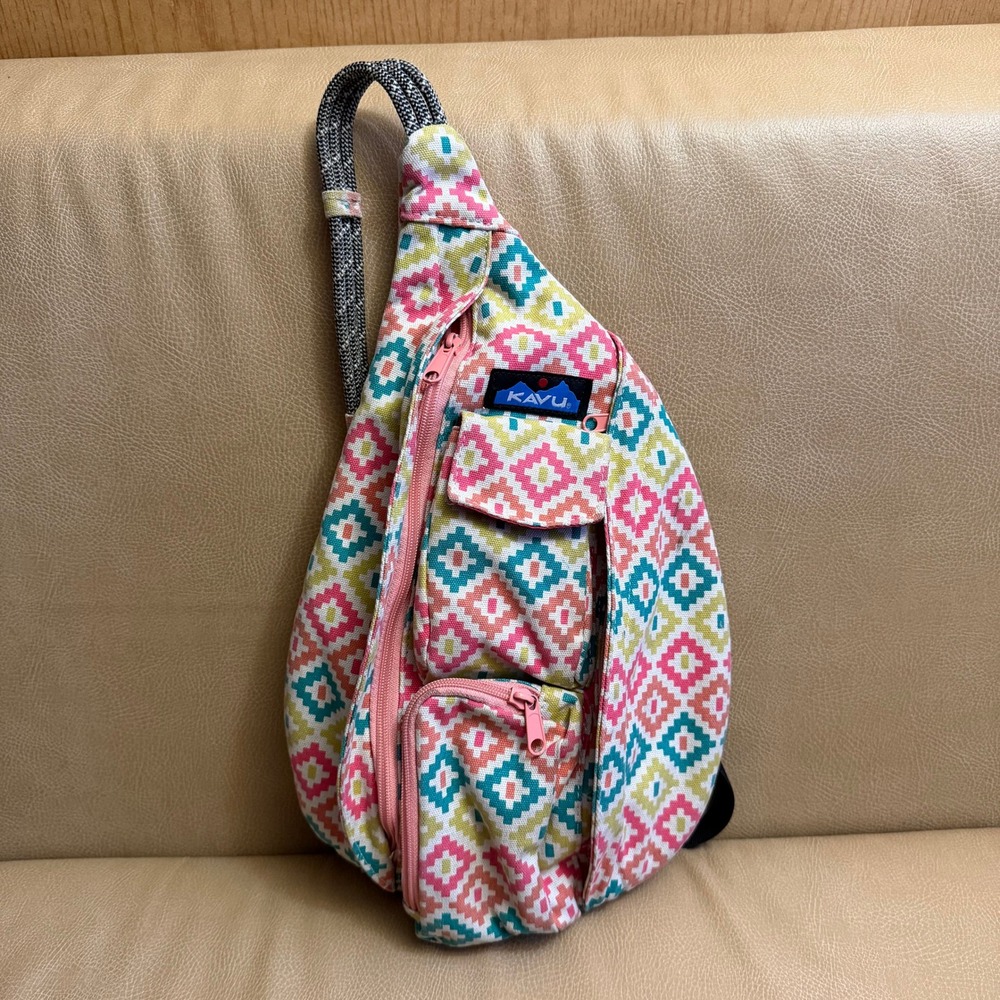 KAVU Rope Bag Sling Backpack Pink Yellow Teal Geometric Diamond Crossbody Bag
